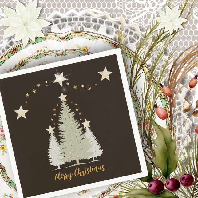 Brown and Gold Christmas Tree and Stars Paper Napkins (Brown and Gold Christmas Tree and Stars Paper Napkins)