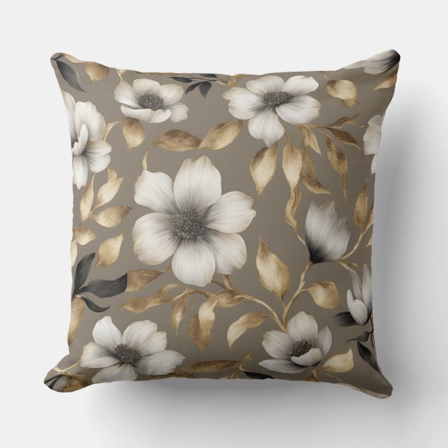 Brown and Gold Classic Floral Print Throw Pillow (Front)