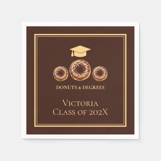 Brown and Gold Donuts and Degrees Grad Party Napkins (Front)