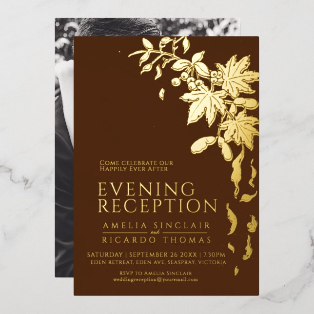 Brown and gold fall leaves wedding reception foil invitation (Front/Back)