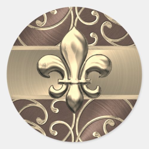 Brown and Gold Filigree Swirls Fleur de Lis Classic Round Sticker