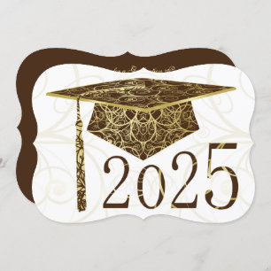 Brown and Gold Floral Cap 2025 Graduation Party Invitation