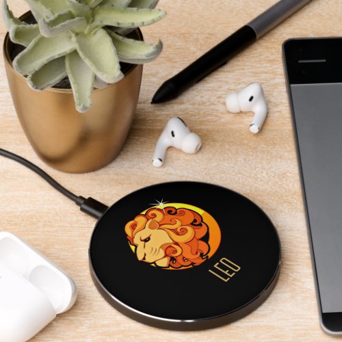 Brown and gold Leo zodiac sign black Wireless Charger
