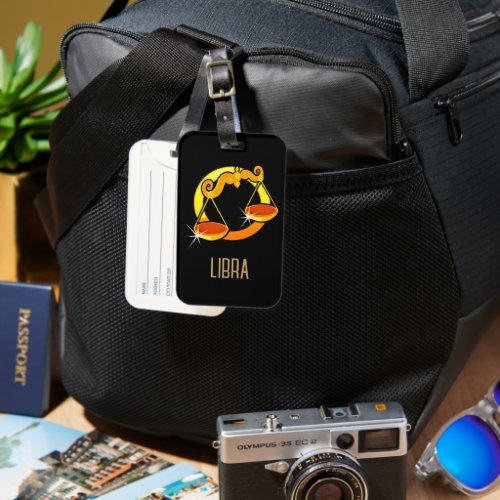 Brown and gold Libra zodiac sign black Luggage Tag