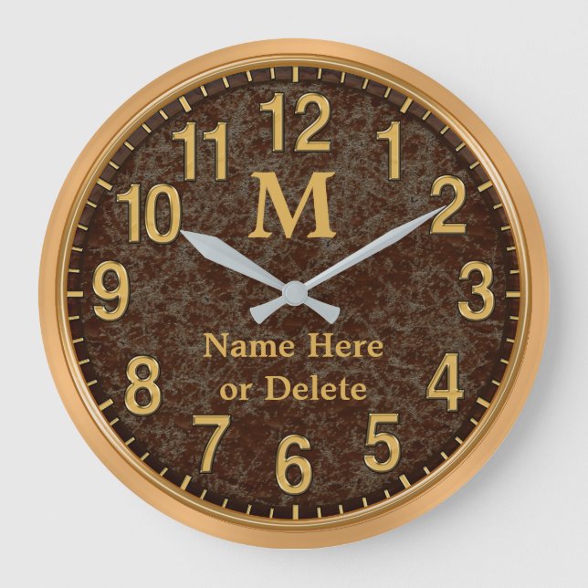 Brown and Gold Monogrammed Personalized Clock (Front)