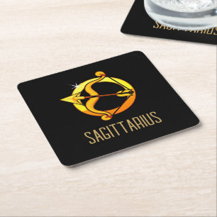 Brown and gold Sagittarius zodiac sign black Square Paper Coaster