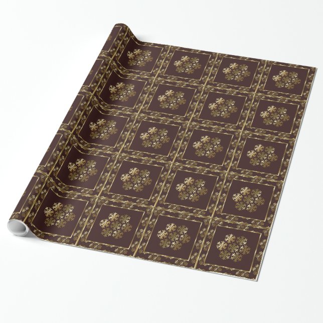 Brown and Gold Snowflake Holiday Wrapping Paper (Unrolled)