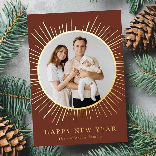 Brown and Gold Sunburst Happy New Year Photo Foil Holiday Card