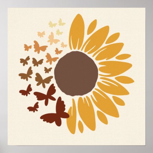 Brown and Gold Sunflowers and Butterflies Poster