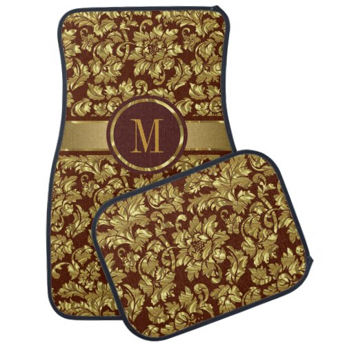 Brown And Gold Vintage Floral Damasks Monogram Car Mat