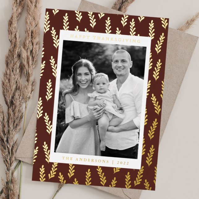 Brown and Golden Foliage Photo Thanksgiving Foil Holiday Card (Creator Uploaded)