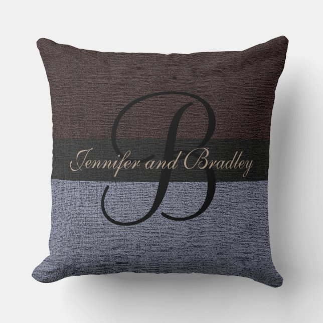 Brown and Gray Elegant Monogram Wedding Throw Pillow (Front)