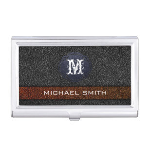 Brown and Gray Leather Custom Monogram Business Card Case