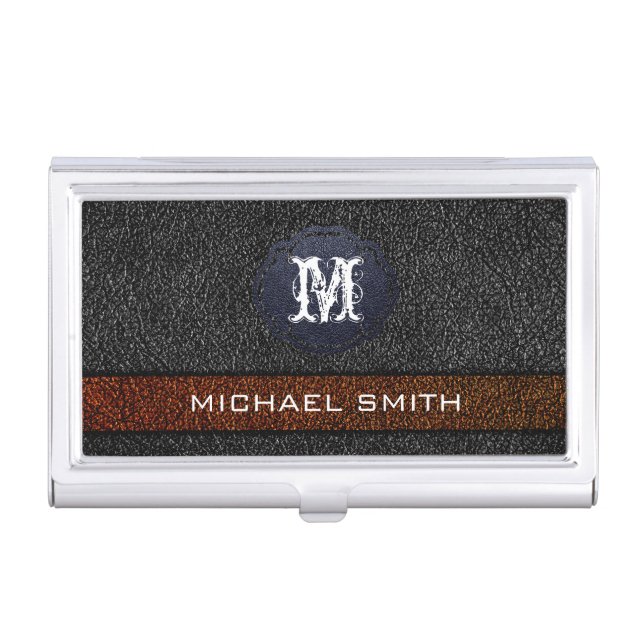 Brown and Gray Leather Custom Monogram Business Card Case (Front)