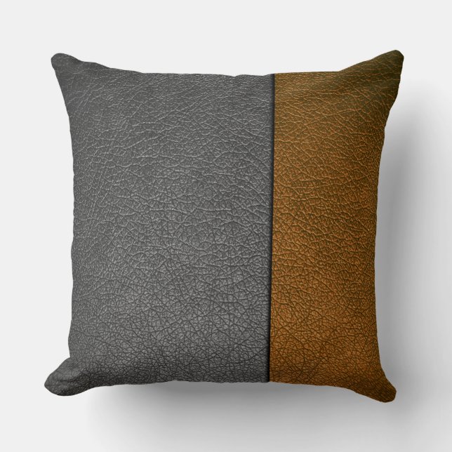 Brown and Gray Leather Throw Pillow (Front)