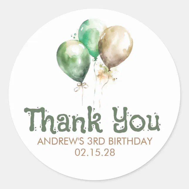 Brown and Green Balloons Birthday Thank You Classic Round Sticker | Zazzle