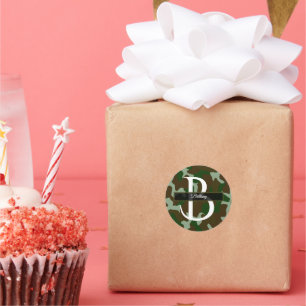 Brown and Green Camouflage Monogram Classic Round Sticker