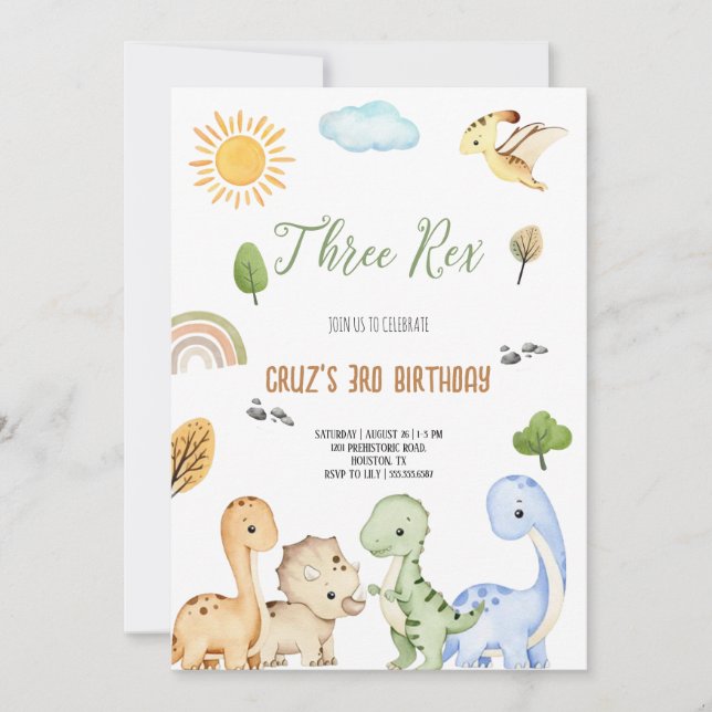 Brown And Green Dinosaur Three Rex 3rd Birthday  Invitation (Front)