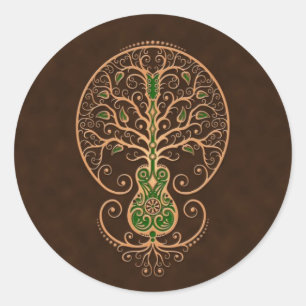 Brown and Green Guitar Tree of Life Classic Round Sticker