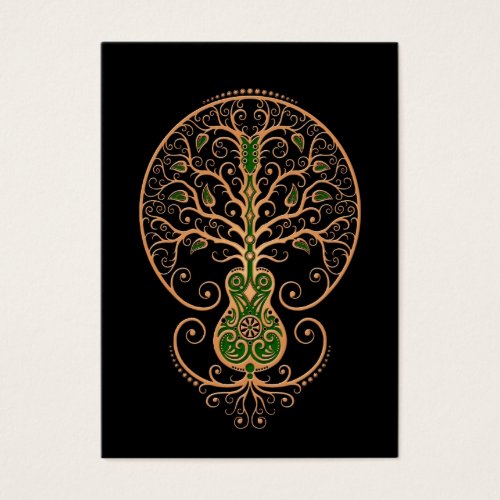 Brown and Green Guitar Tree of Life on Black Business Cards