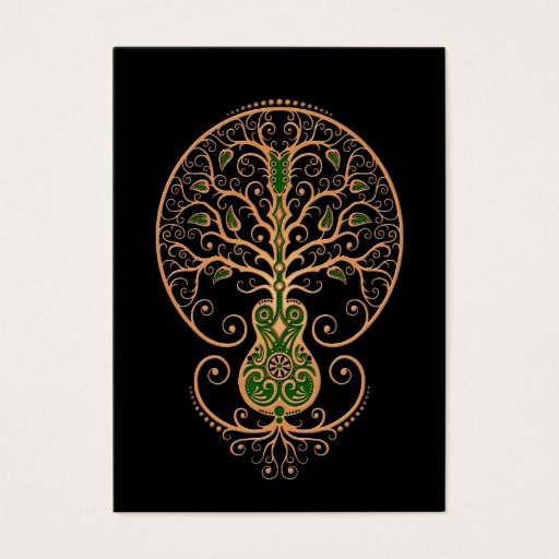 Customizable Brown and Green Guitar Tree of Life on Black Business Cards
