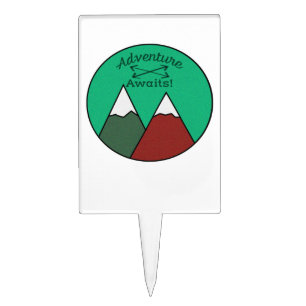 Brown and Green Mountain Design Adventure Awaits Cake Topper