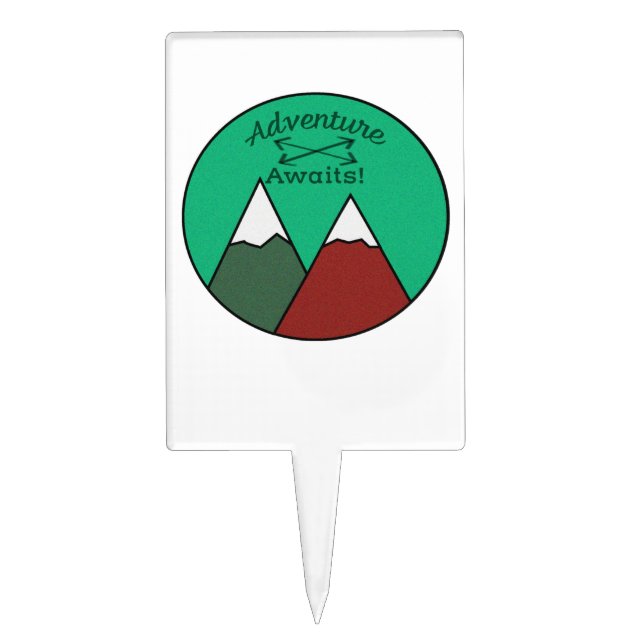 Brown and Green Mountain Design Adventure Awaits Cake Topper (Front)