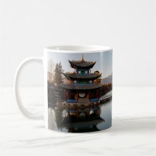 BROWN AND GREEN PAGODA ON BODY OF WATER NEAR MOUNT COFFEE MUG