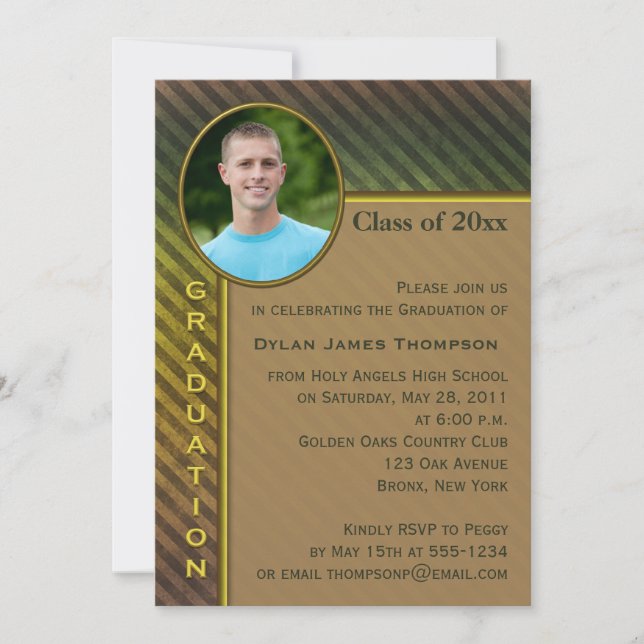 Brown and Green Stripe Photo Graduation Invitation (Front)