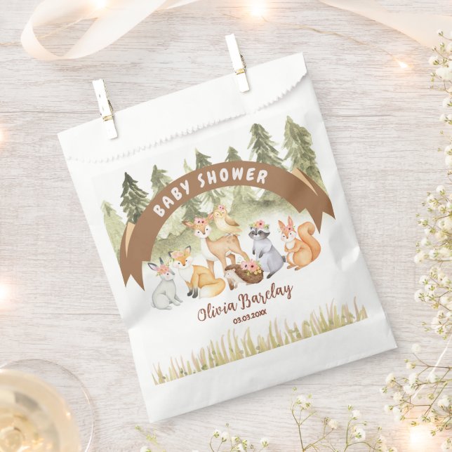 Brown And Green Woodland Animals Baby Shower Favor Bag (Clipped)