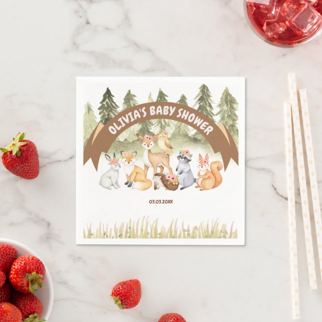 Brown And Green Woodland Animals Baby Shower  Napkins (Insitu)