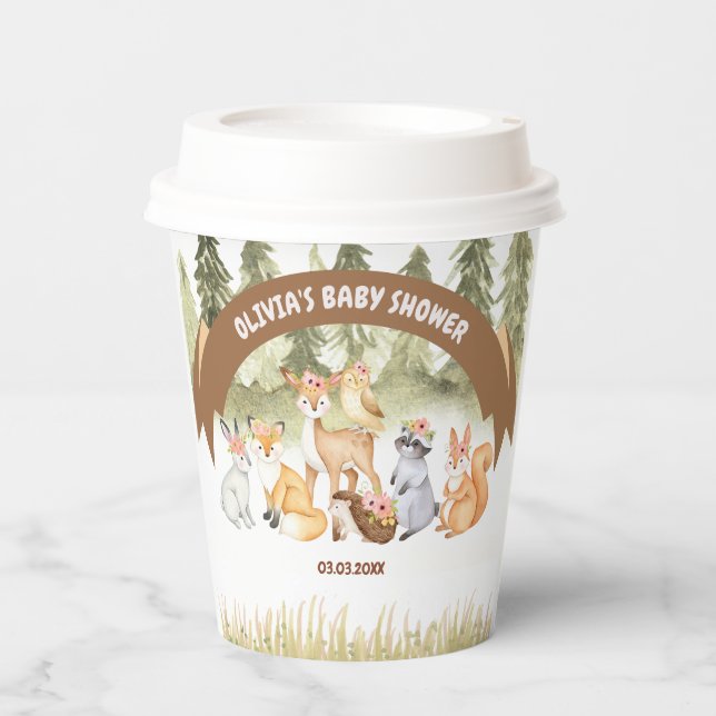 Brown And Green Woodland Animals Baby Shower  Paper Cups (Front)