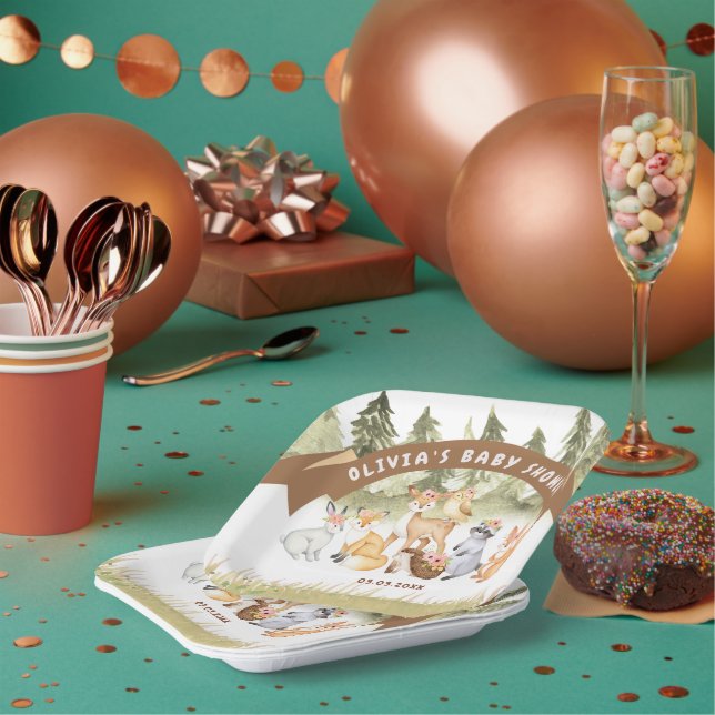 Brown And Green Woodland Animals Baby Shower  Paper Plates (Multi)