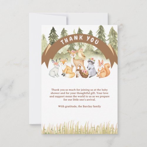 Brown And Green Woodland Animals Baby Shower Thank You Card