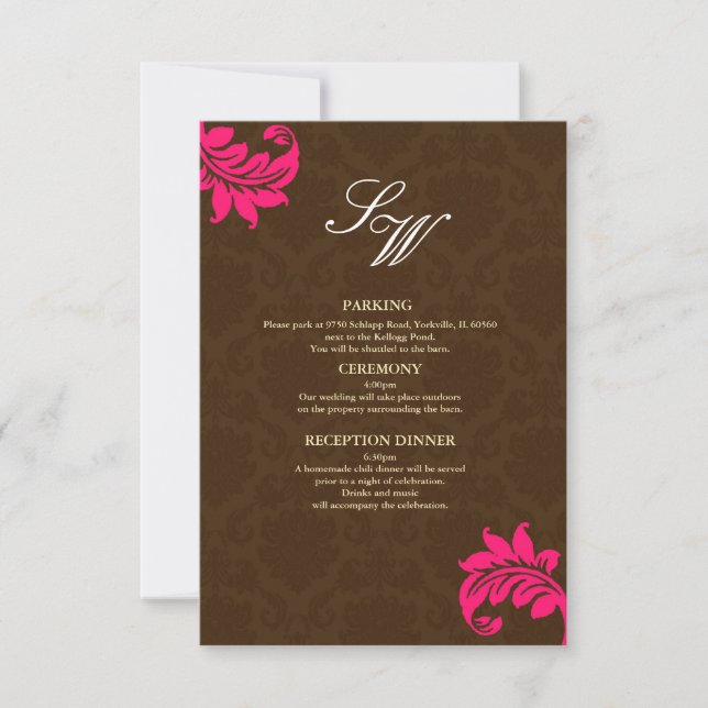 Brown and Hot Pink Damask Wedding Enclosure Card (Front)