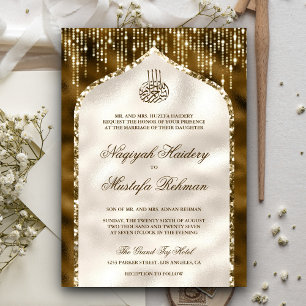 Brown and Ivory Gold Glitter Arch Muslim Wedding Invitation