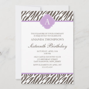 Brown and Lavender Zebra Pattern Monogram Invitation