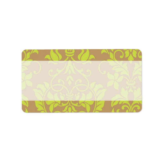 Brown and Lime Green Damask Mailing Address Label (Front)
