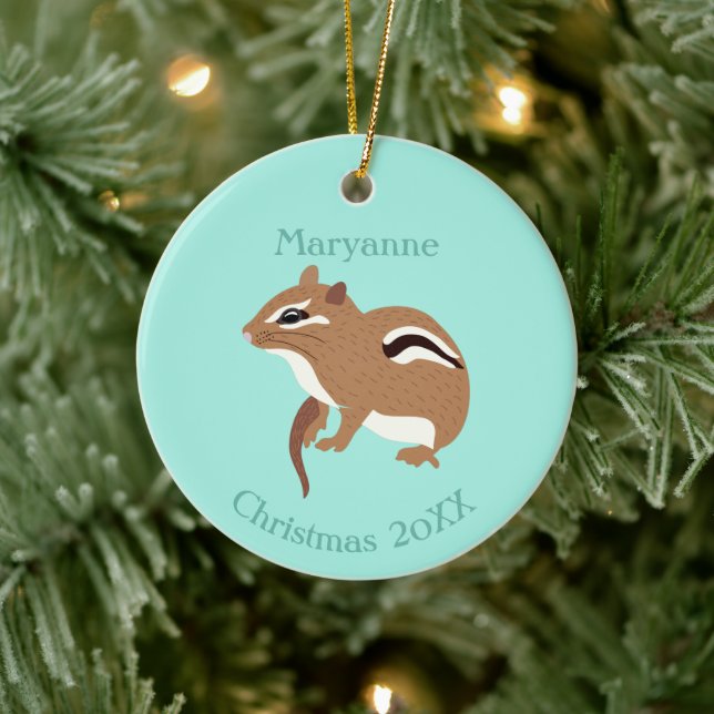 Brown and Mint Green Chipmunk Lovers Personalized Ceramic Ornament (Tree)