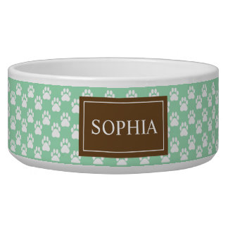 Brown And Mint Green Dog Paws With Pet's Name Bowl