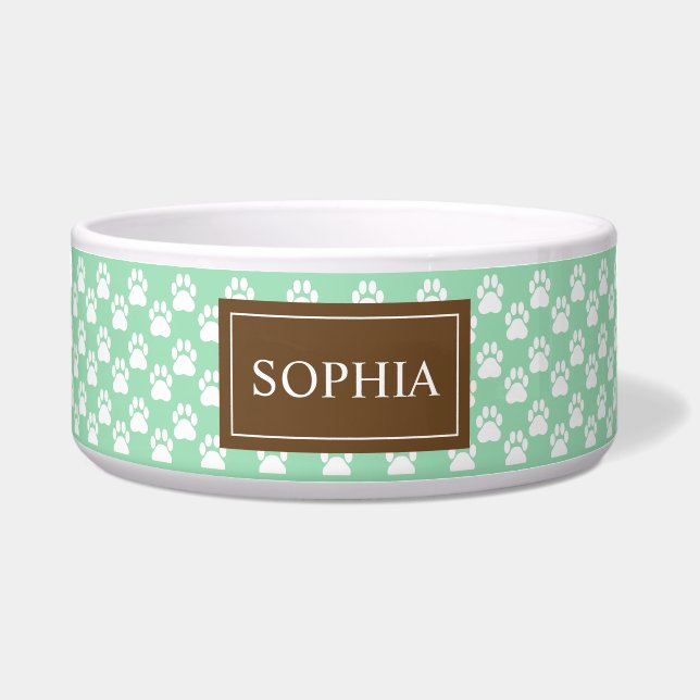 Brown And Mint Green Dog Paws With Pet's Name Bowl (Front)