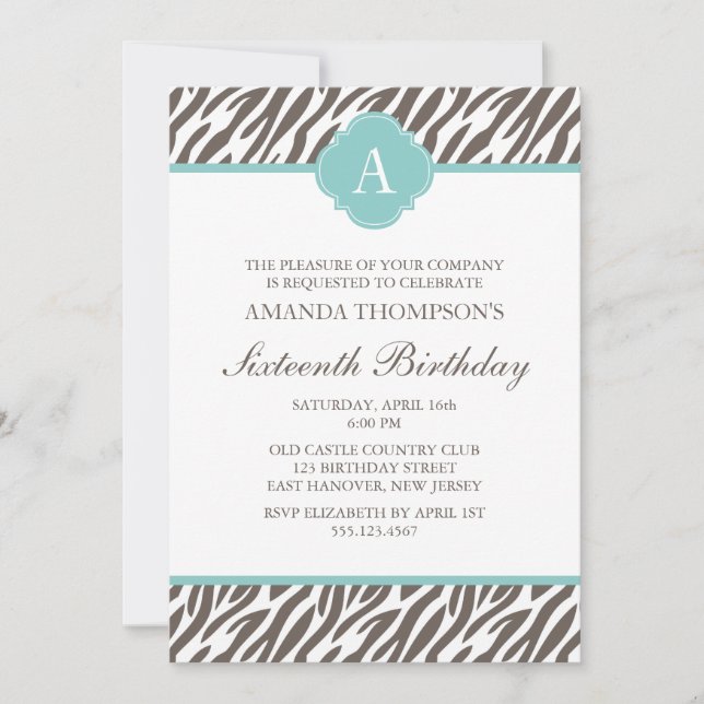 Brown and Mint Zebra Pattern Monogram Invitation (Front)