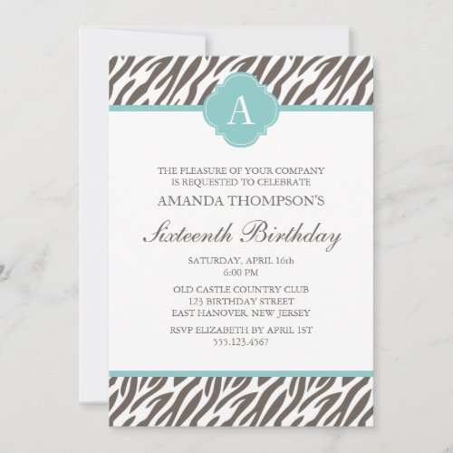 Brown and Mint Zebra Pattern Monogram Personalized Invite