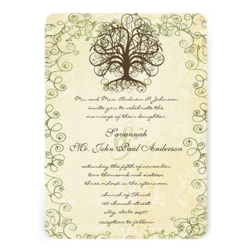 Brown and Moss Green Swirl Tree Vintage Damask 5x7 Paper Invitation ...