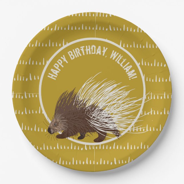 Brown and Mustard Porcupine Birthday Party Paper Plates (Front)