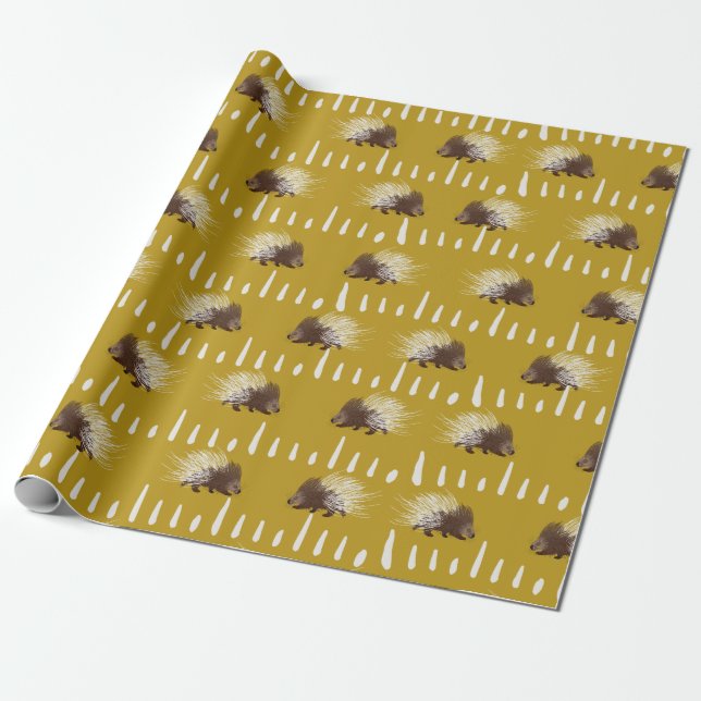 Brown and Mustard Porcupine Patterned Wrapping Paper (Unrolled)