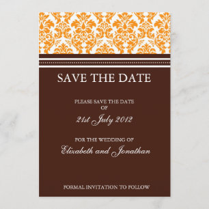 Brown and Orange Damask Save The Date Postcard