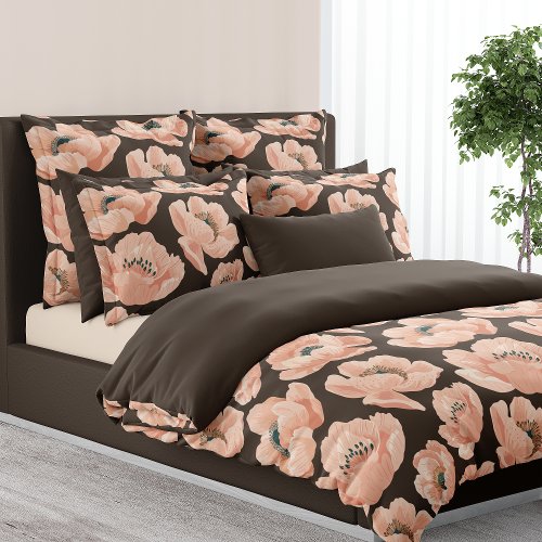 Brown And Peach Peony Elegant Floral Duvet Cover