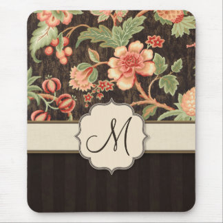 Brown and Peach Retro Floral, Stripes and Monogram Mouse Pad