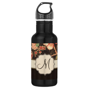 Brown and Peach Retro Floral, Stripes and Monogram Water Bottle